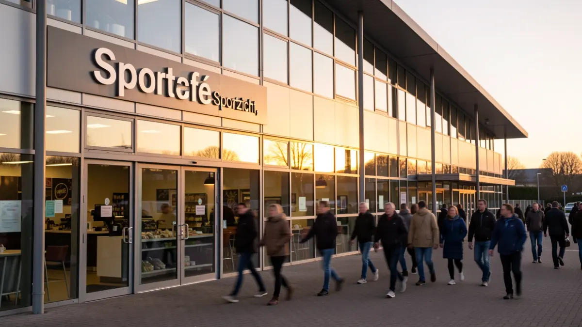 Facade of a modern sports center with large windows, a sign reading 'Sportcafé' and 't Sportzicht, warm evening light, blurred figures of people walking in the background.