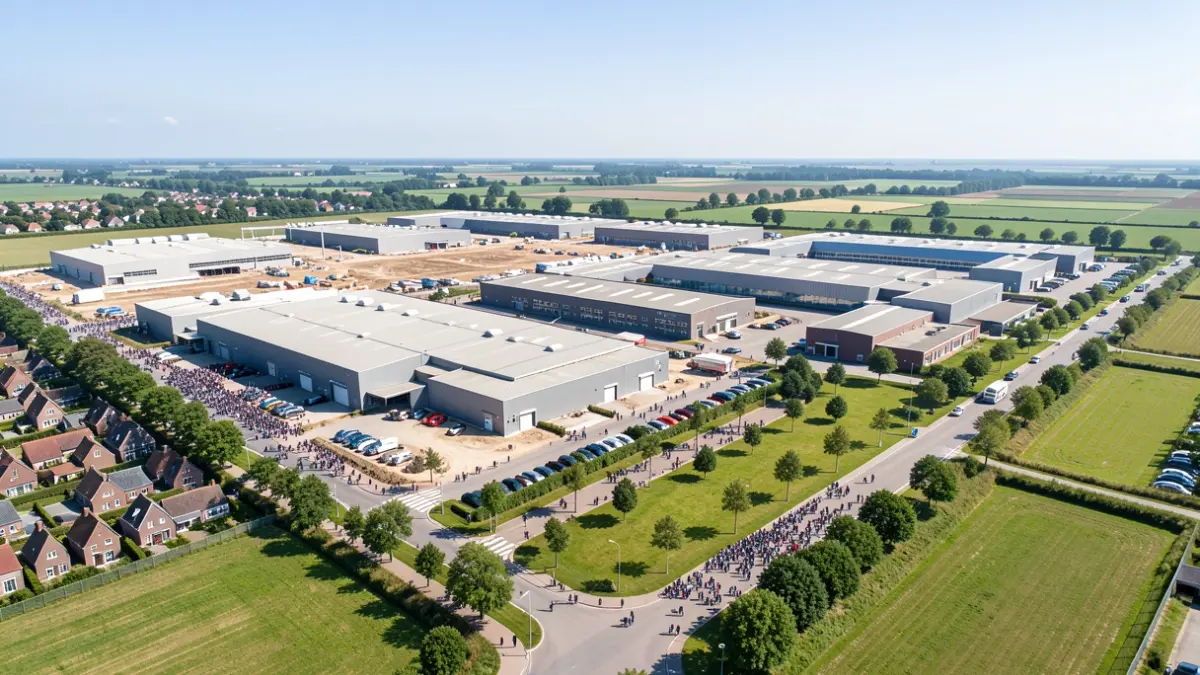 Aerial view of a large industrial area in Flanders with renewed infrastructure and green spaces.