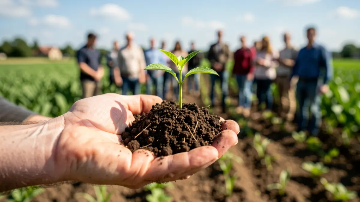 Generieke afbeelding van een hand die een biologisch plantje vasthoudt met groene velden op de achtergrond.