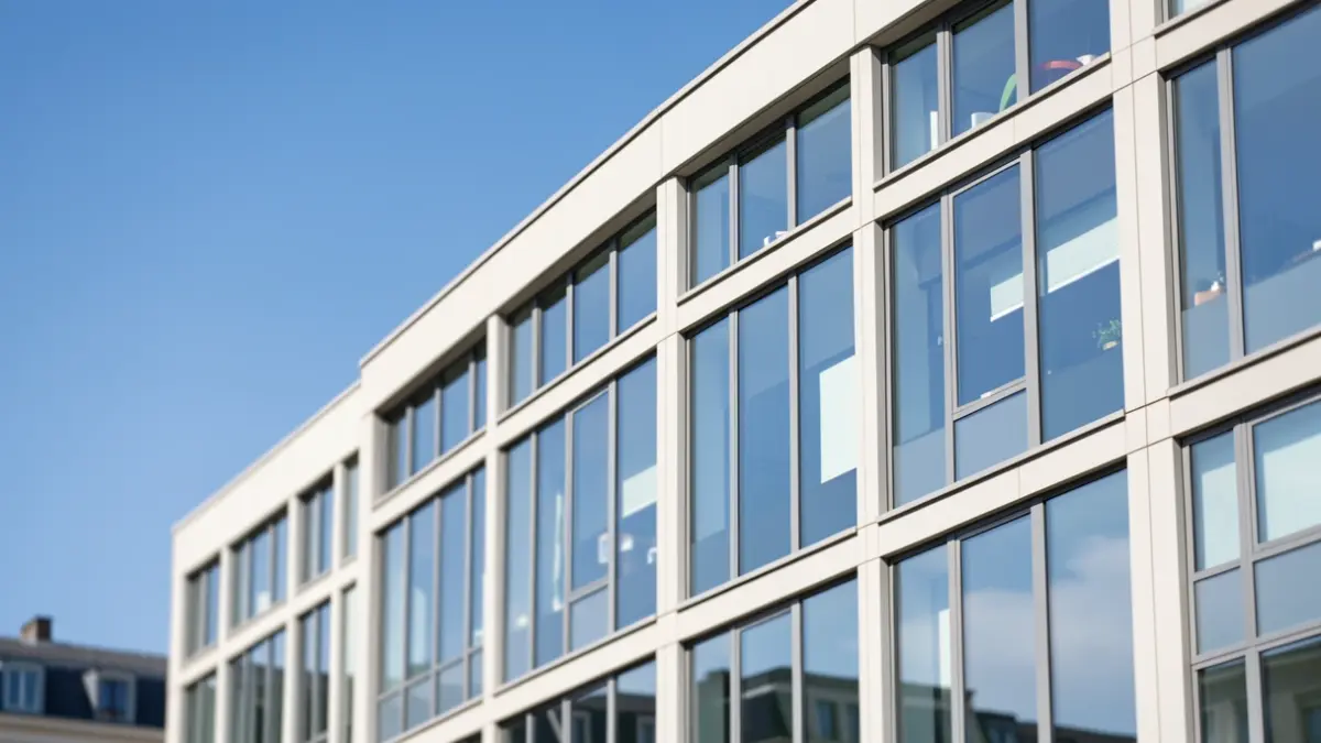 Moderne kantoorgebouwen in Brussel, België, met strakke lijnen en grote ramen die een heldere blauwe hemel weerspiegelen.