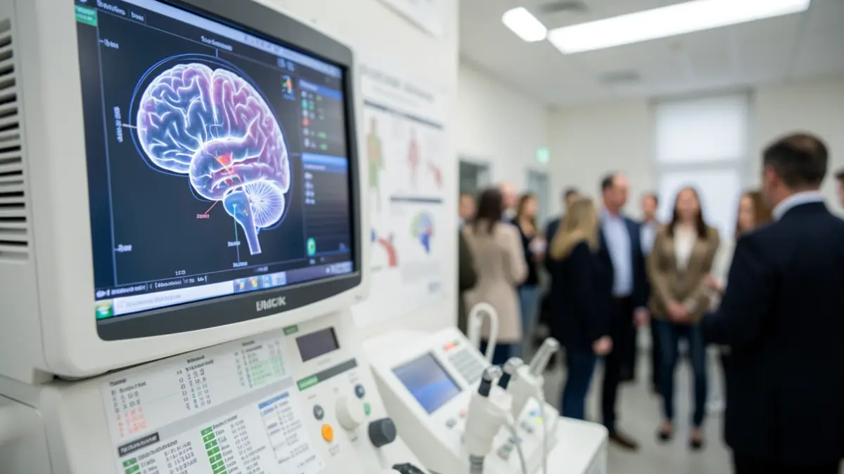 Close-up van hersenscanapparatuur of neurologische testapparatuur, met vervaagde medische grafieken en gegevens op de achtergrond. Zachte, klinische verlichting. Focus op de technologie en data-analyse.