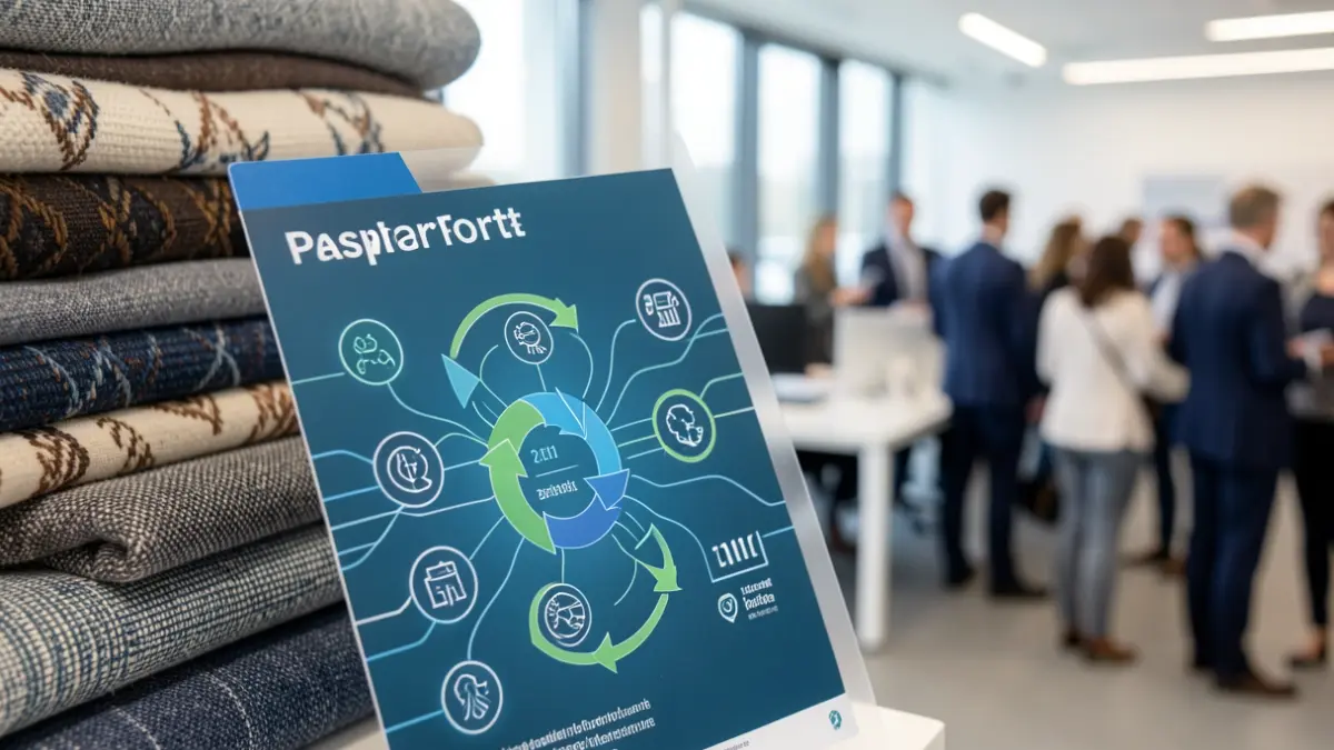 Abstract representation of a digital product passport with circular economy symbols and data flow.
