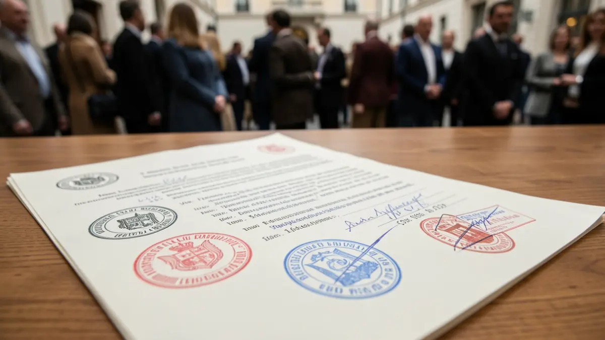 Close-up van een officieel document met zegels en handgeschreven notities op een houten bureau.