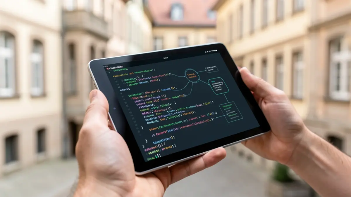 Generieke afbeelding van een tablet met code en diagrammen, met een onderwijsinstelling op de achtergrond.
