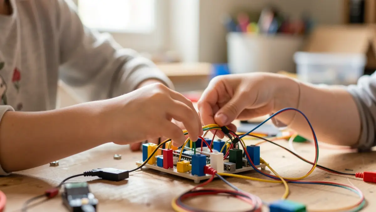 Child experimenting with electronic components and building materials in a maker space.