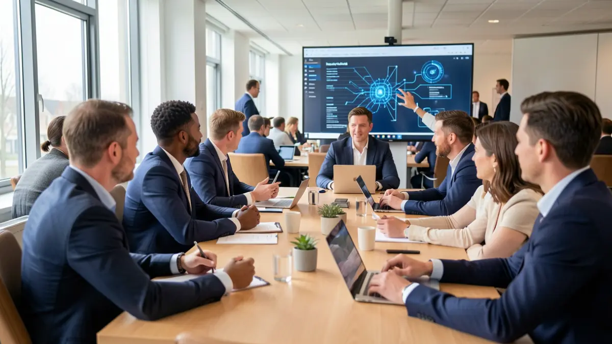 Een groep ondernemers in een vergaderzaal in Vlaanderen, met focus op cybersecurity.
