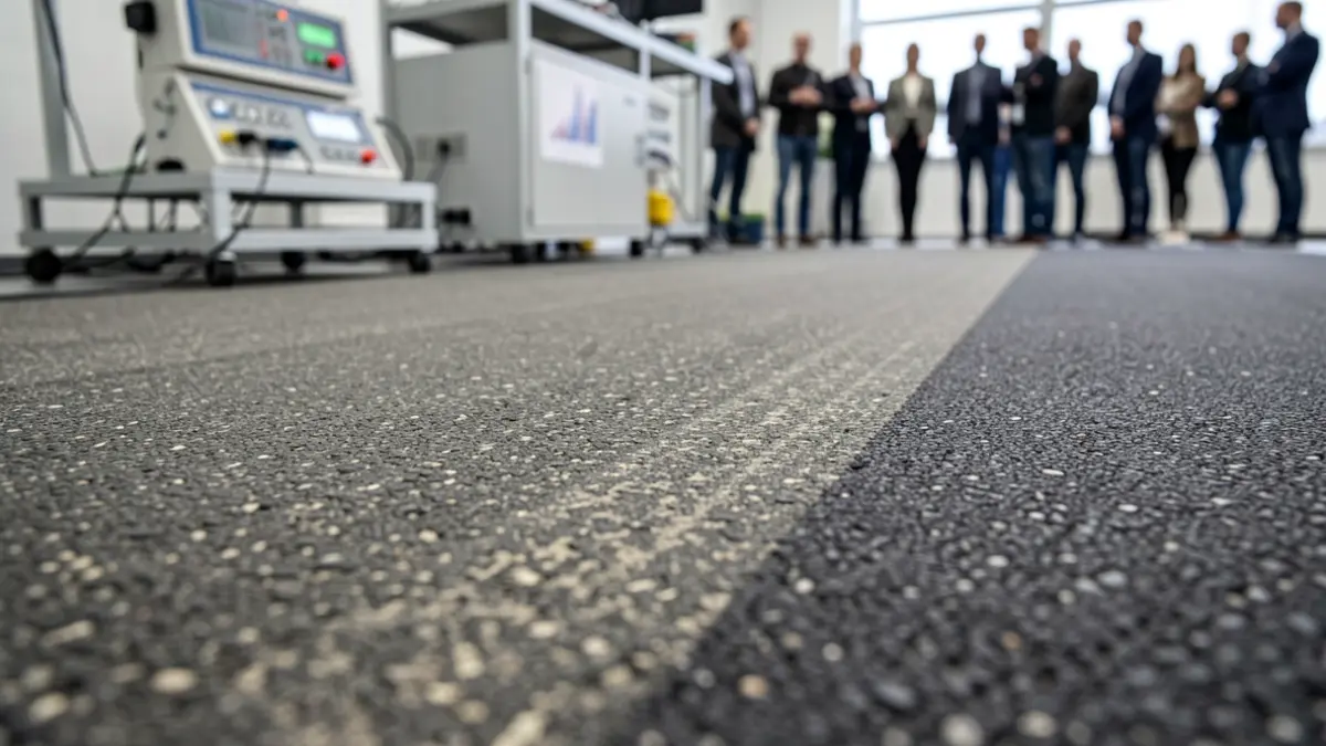 Gedetailleerde textuur van een wegdek met subtiele variaties, op de achtergrond vervaagde wetenschappelijke apparatuur. Neutrale, technische belichting.