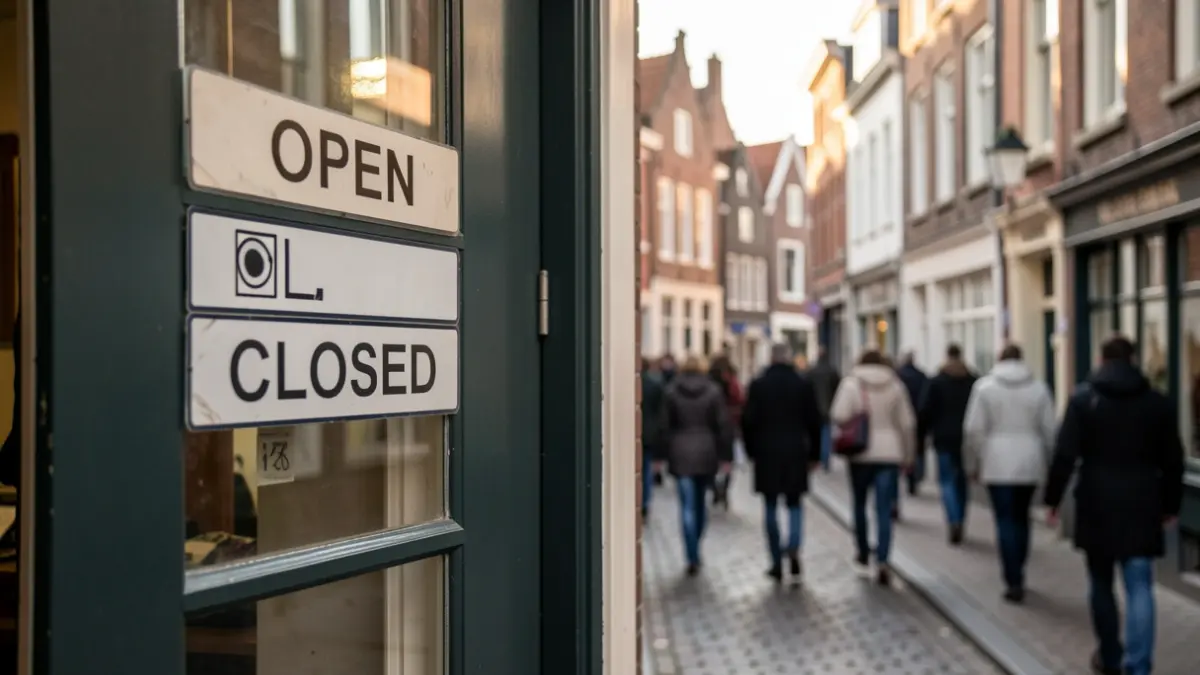 A shop door with 'Open' and 'Closed' signs, on a typical Flemish street with traditional architecture.