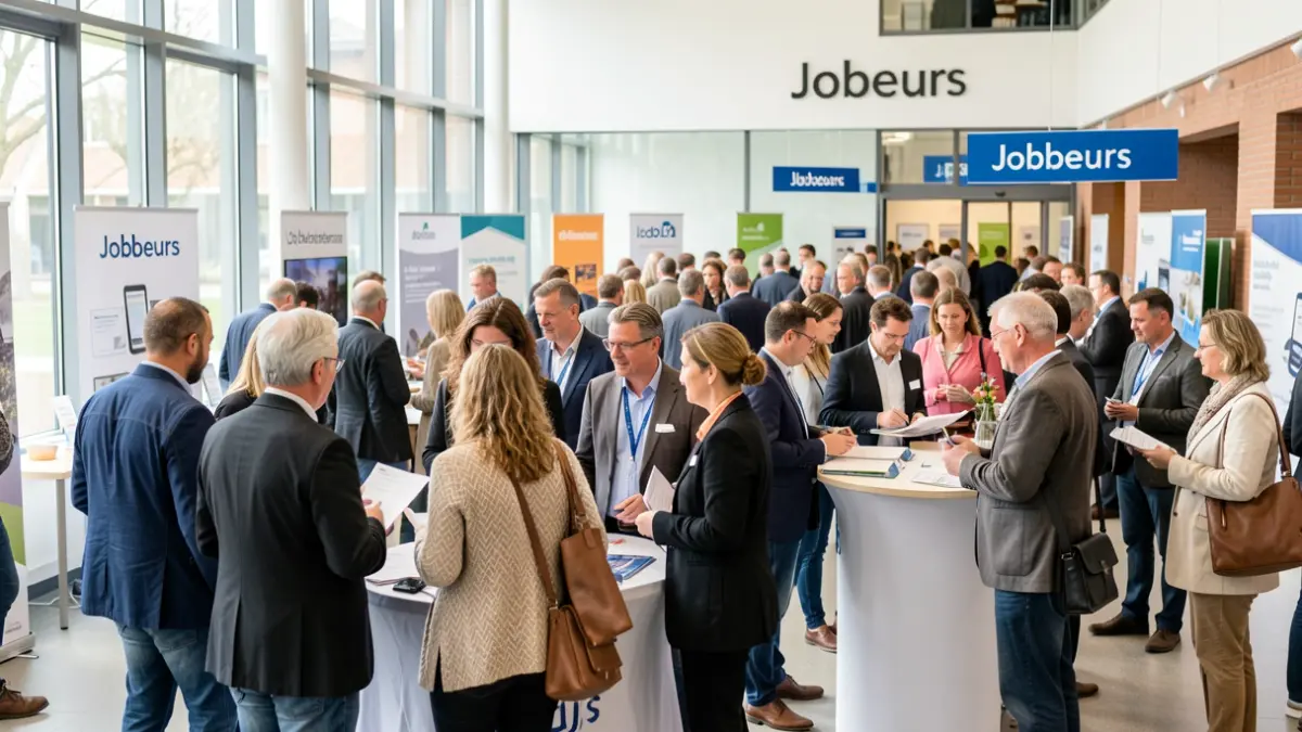 A diverse group of job seekers and employers at a regional job fair in Flanders.