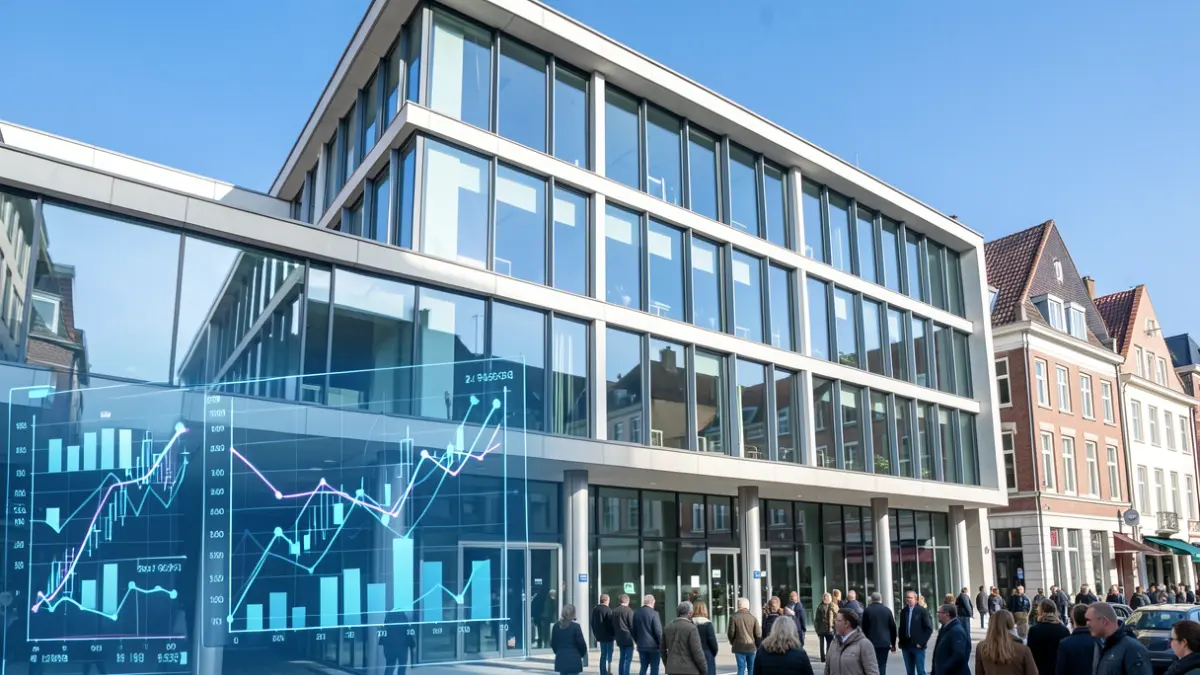 Modern office buildings in Flanders with abstract energy charts.