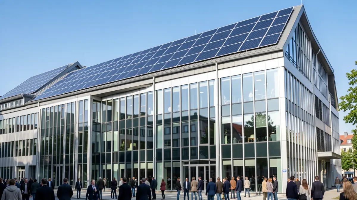 Generic image of a modern office building with solar panels.