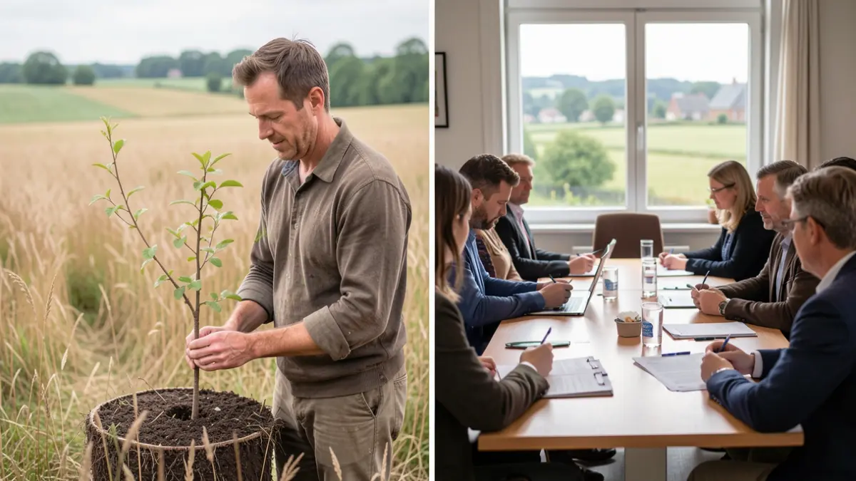 Generieke afbeelding van een boer die een jonge boom onderzoekt en een vergadering over landbouwbeleid, met een Vlaams landschap op de achtergrond.