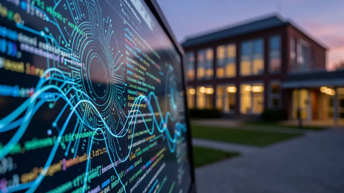 Generieke afbeelding van een digitaal interface met abstracte AI-patronen en code.