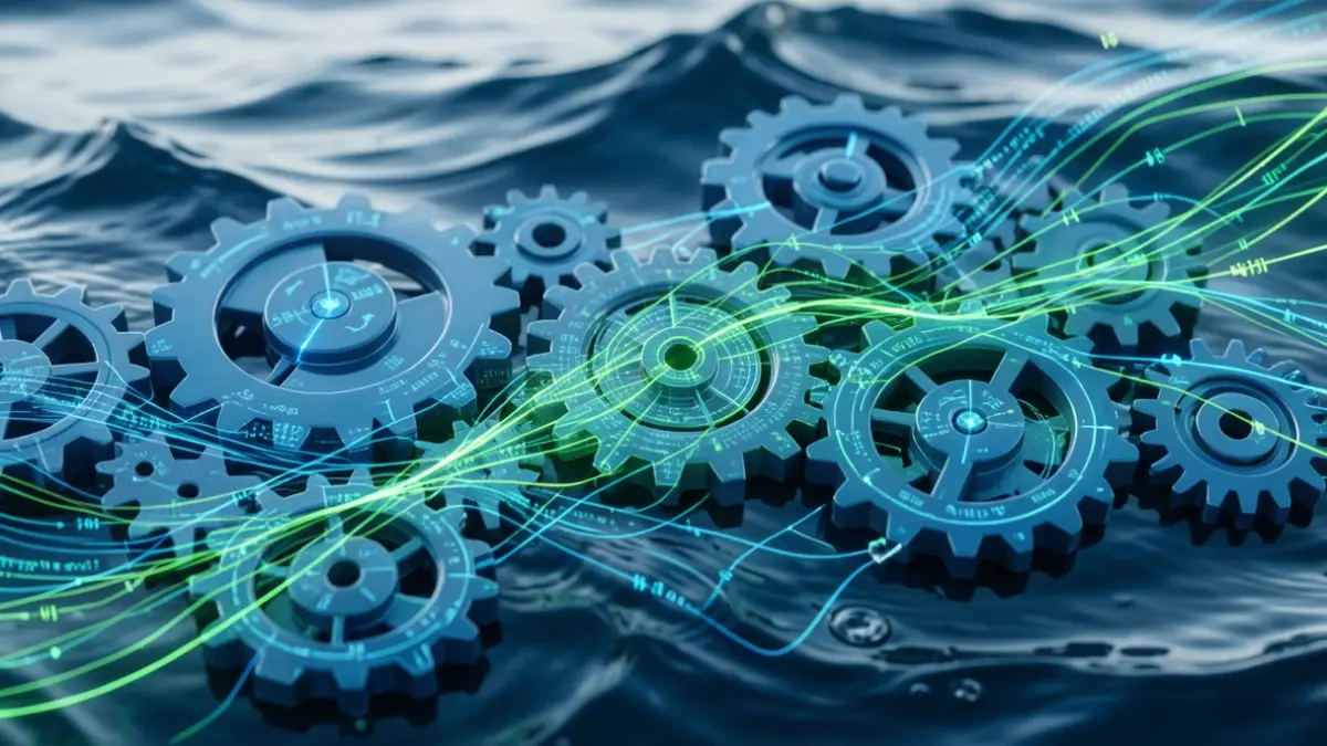 Generieke afbeelding van innovatie en samenwerking in de blauwe economie, met abstracte tandwielen en datastromen in blauw-groene tinten.