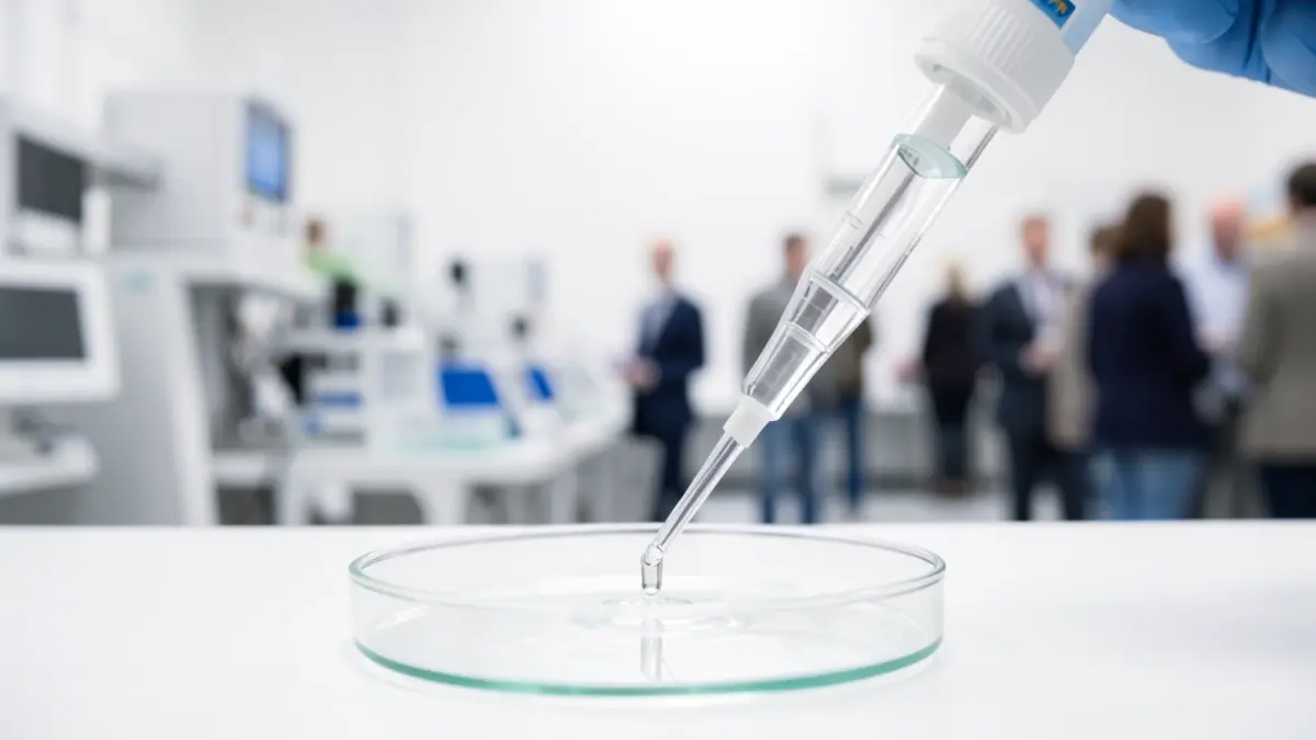 Generic image of a laboratory pipette dispensing a clear liquid into a petri dish, with blurred biotech equipment in the background.