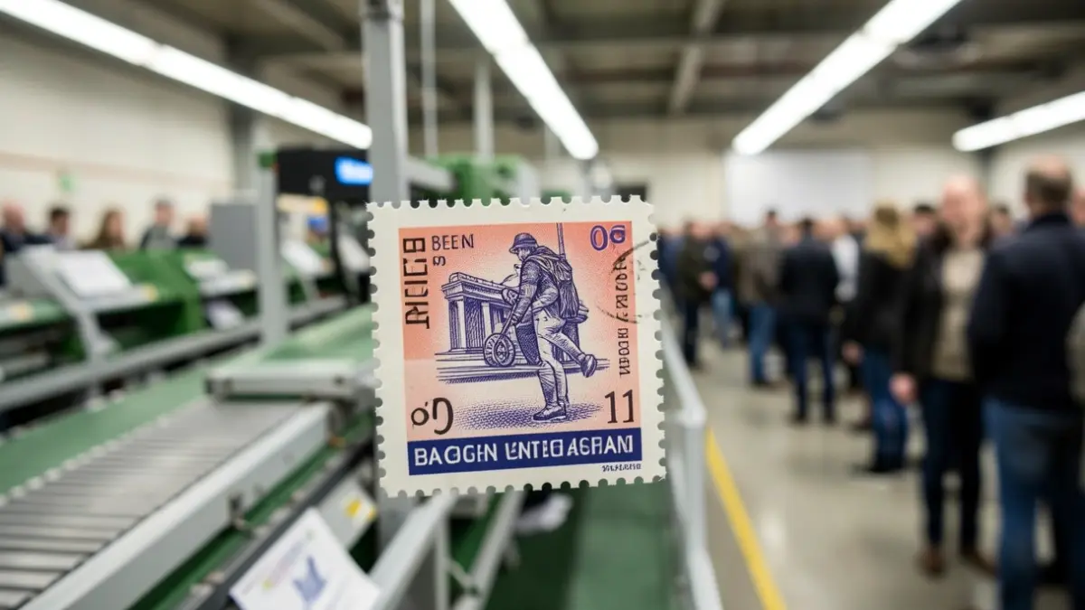 Gedetailleerde afbeelding van een Belgzegel met op de achtergrond postsorteerapparatuur.