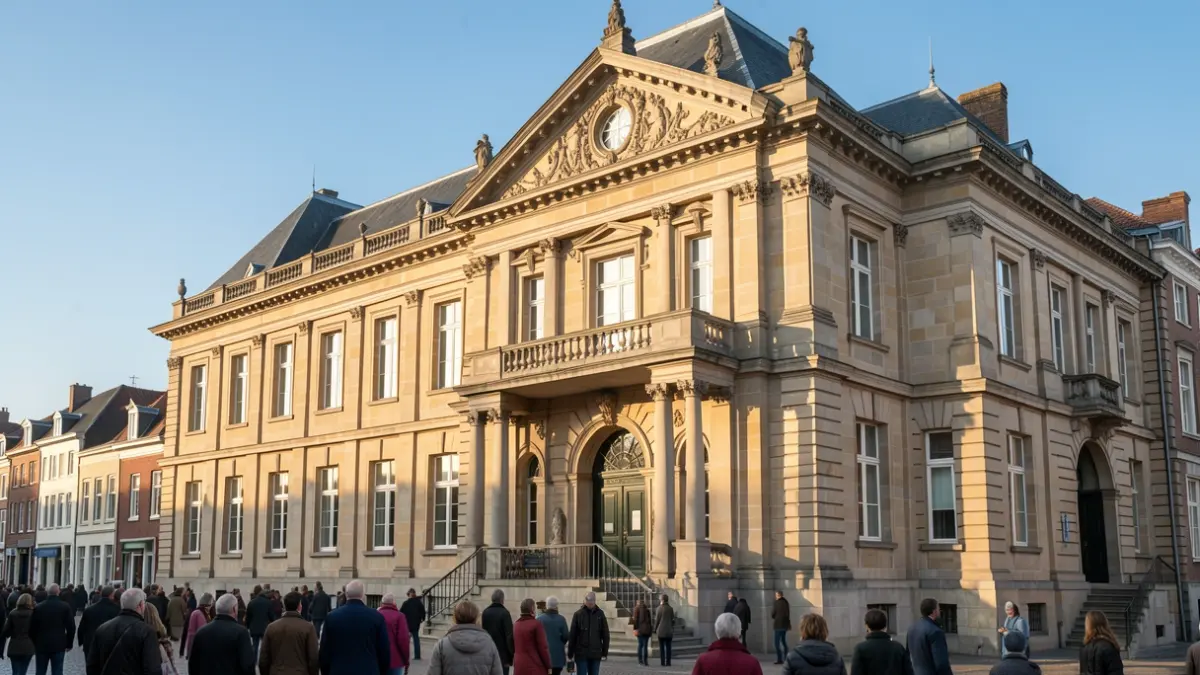 Modern Vlaanderen town hall facade with ornate balcony and iron railings, warm afternoon sunlight on sandstone walls, blue sky.