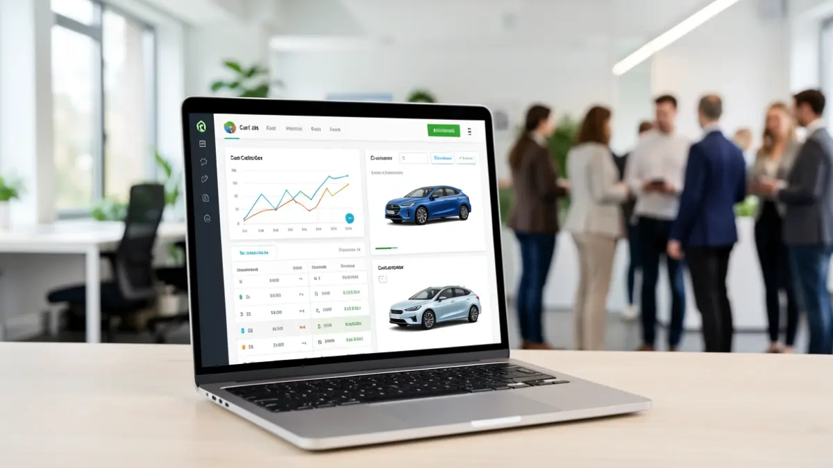 A digital car cost calculator interface on a laptop screen, showing graphs and figures for electric and combustion engine vehicles. The background is a blurred, clean office environment with subtle green sustainability elements.