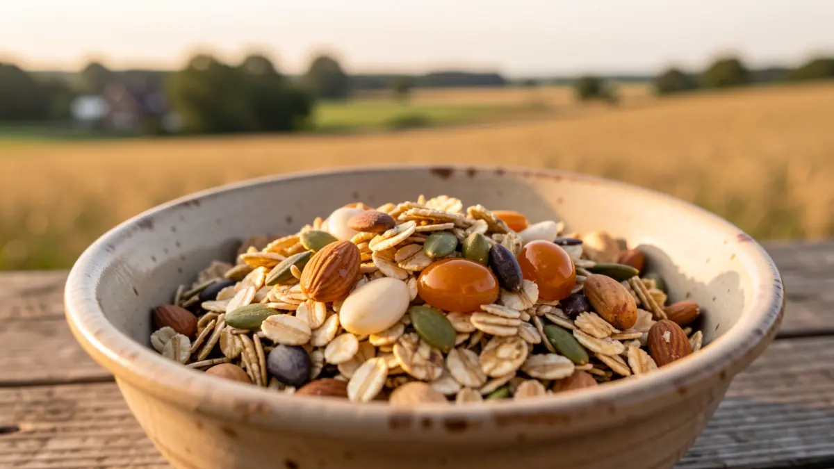 Generieke afbeelding van ambachtelijke granola met havermout, zaden, noten en lokale honing in een rustieke kom, warm ochtendlicht, ondiepe scherptediepte, Vlaams landschap op de achtergrond.