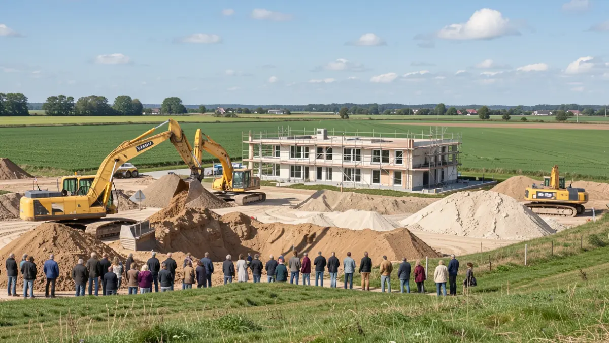 Generic image of a construction site with heavy machinery and a partially built structure, set in a Flemish landscape under a blue sky.
