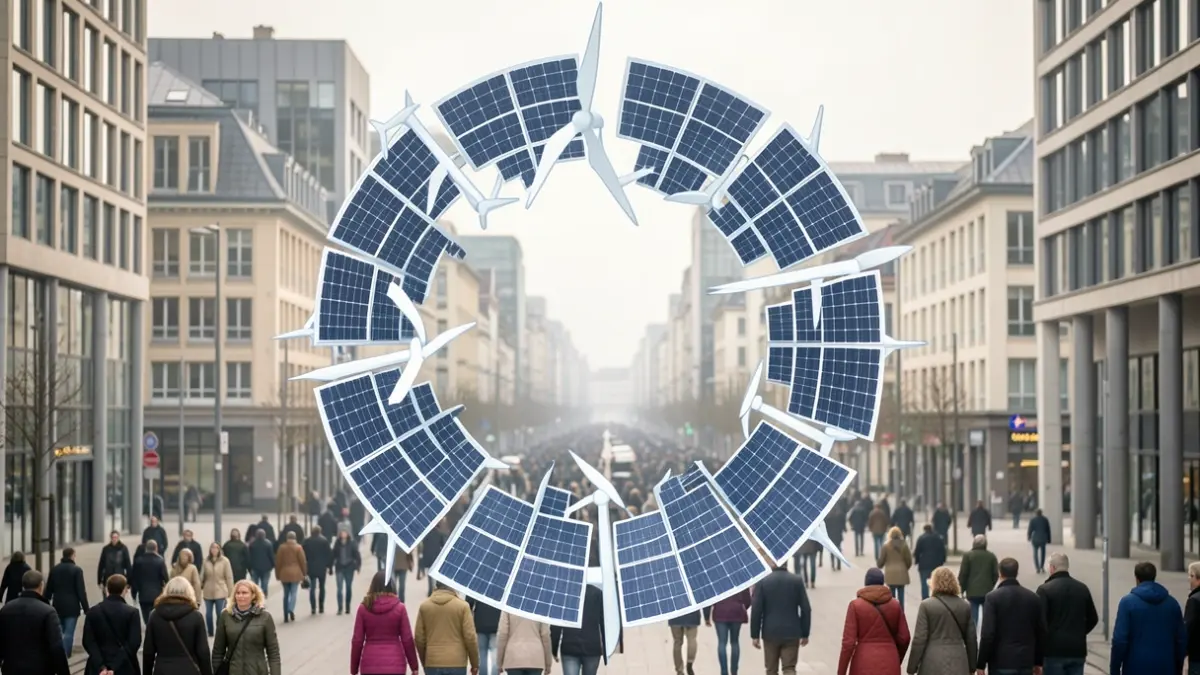 Generic image of European energy initiatives with solar panels and wind turbines.