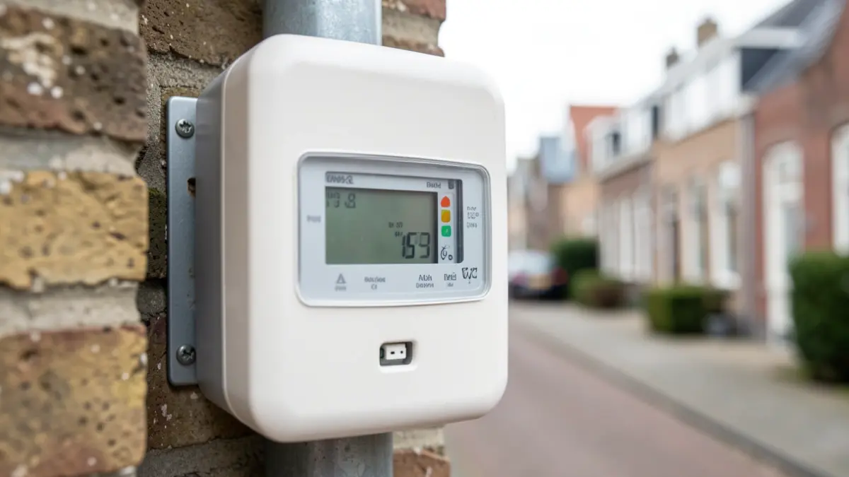 Close-up van een digitale elektriciteitsmeter met een vervaagde achtergrond van een Vlaamse woonstraat, zacht daglicht, focus op het meterdisplay.