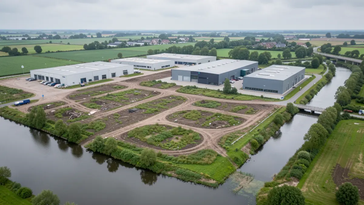 Generic image of a remediated industrial site along a canal in Flanders with new warehouses.