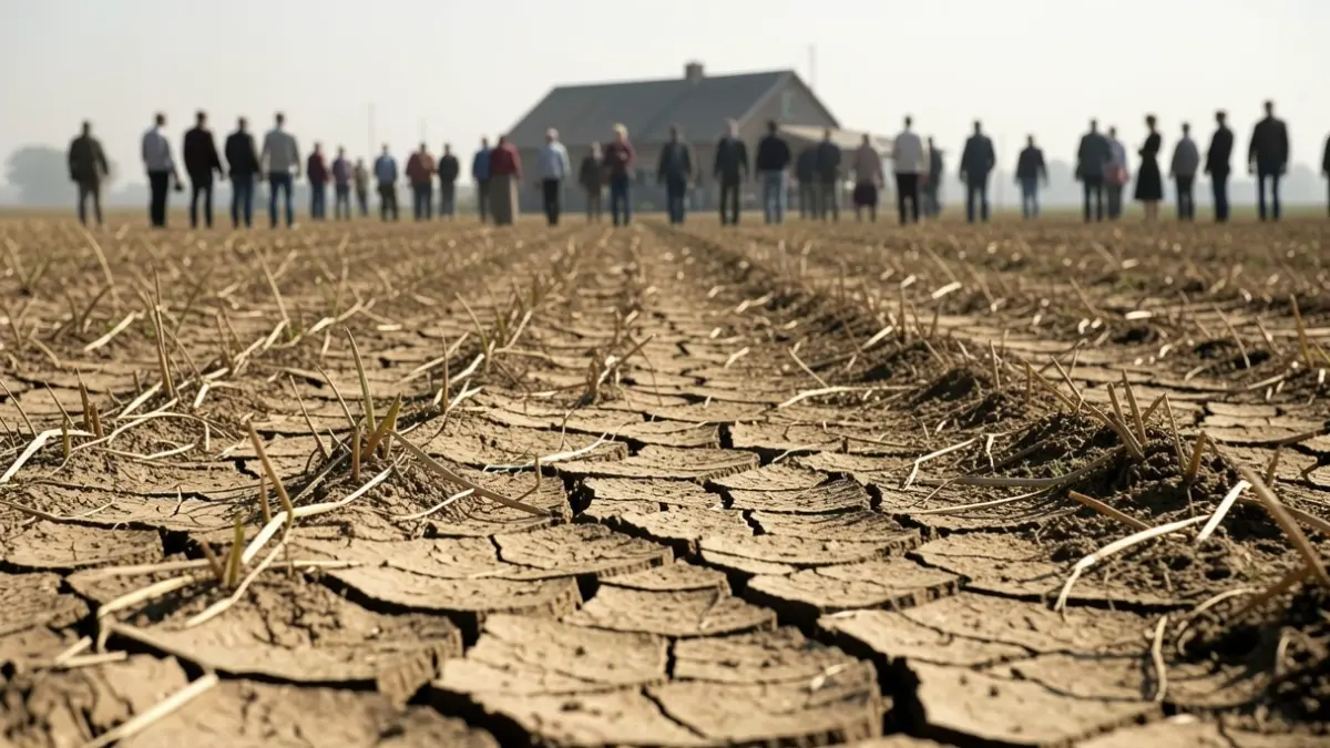 Droge, gebarsten landbouwgrond onder een brandende zon, met vage silhouetten van boerderijen op de achtergrond.