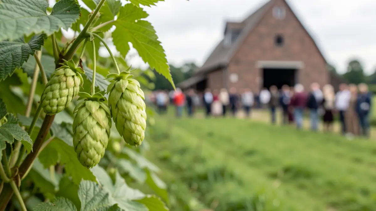 Hop vine with hop cones in the Westhoek region, with a traditional Flemish barn in the background.