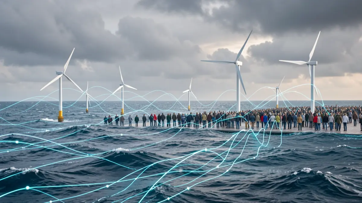 Generieke afbeelding van abstracte visualisatie van offshore windturbines op een golvende zee, met gloeiende lijnen die datastromen en innovatie voorstellen, tegen een achtergrond van een bewolkte Vlaamse lucht.