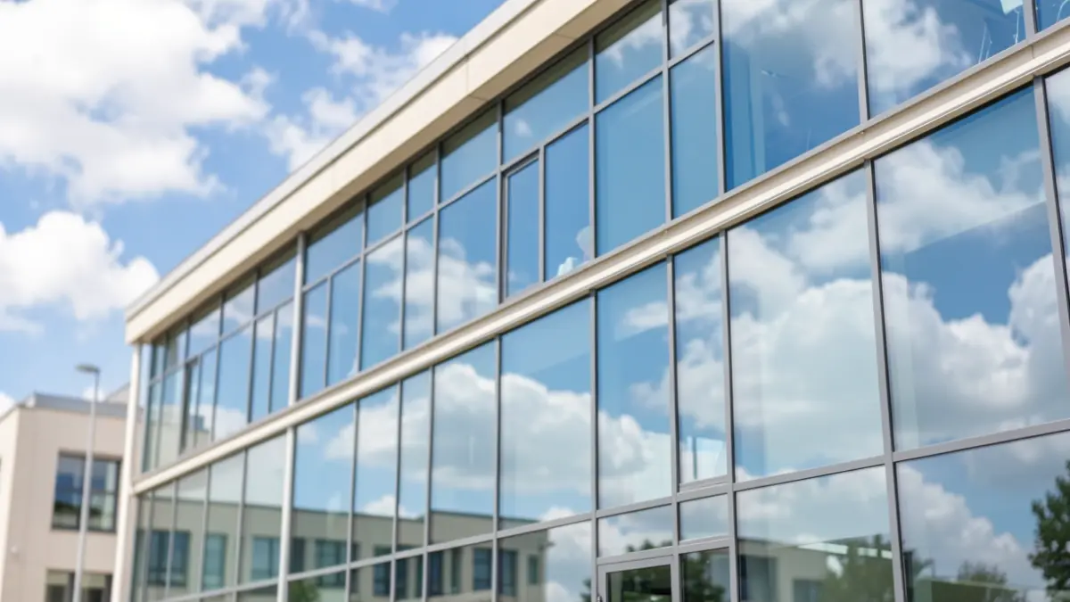 Generieke afbeelding van een modern gebouw met grote glaspartijen, dat een zakelijk centrum of kantoor voorstelt.