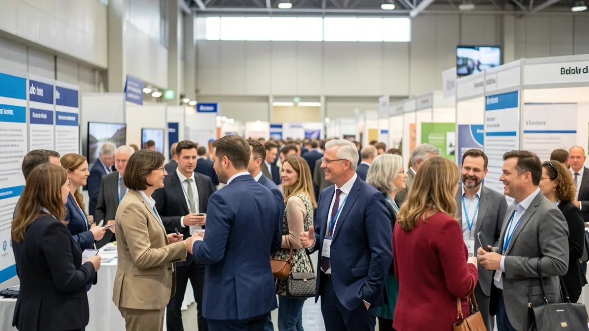 A diverse group of people at a job fair, networking and talking. Blurred stalls and a large event hall are visible in the background.