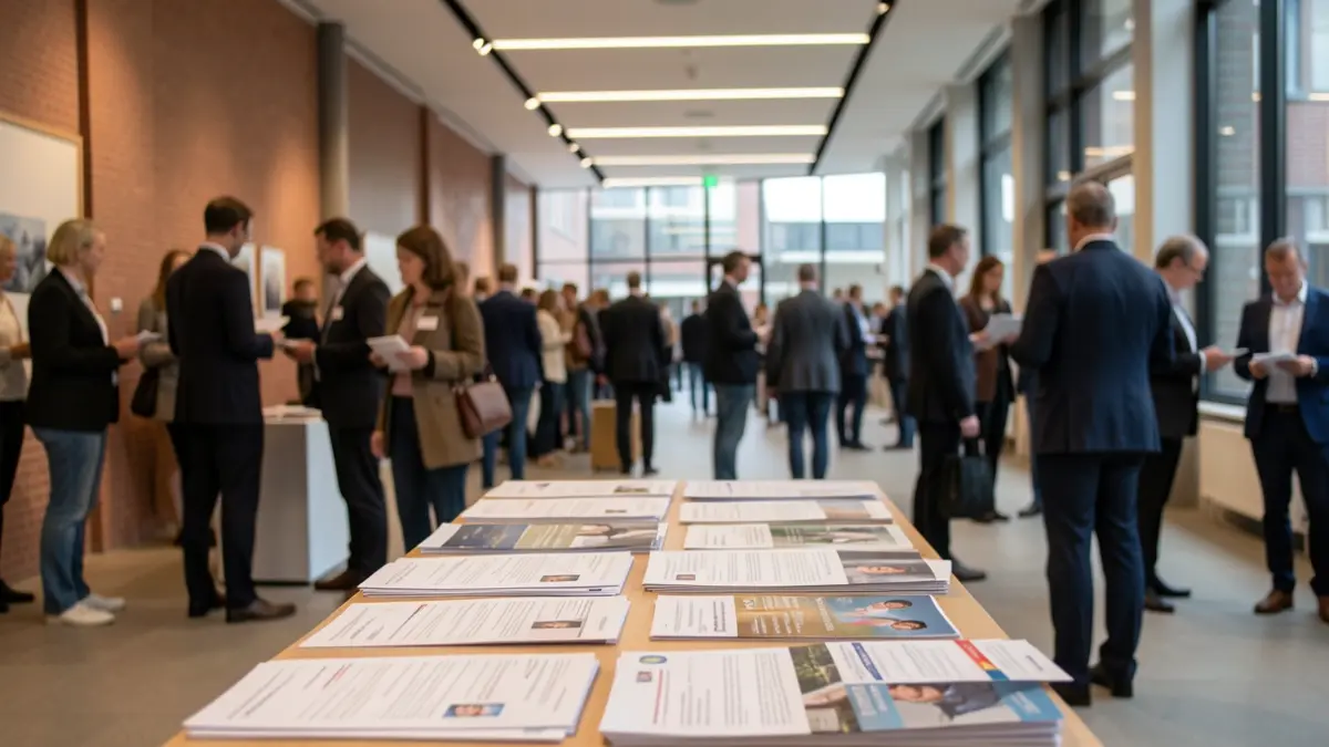 A job fair in a Flemish cultural center with job seekers and employers. Focus on CVs and brochures.