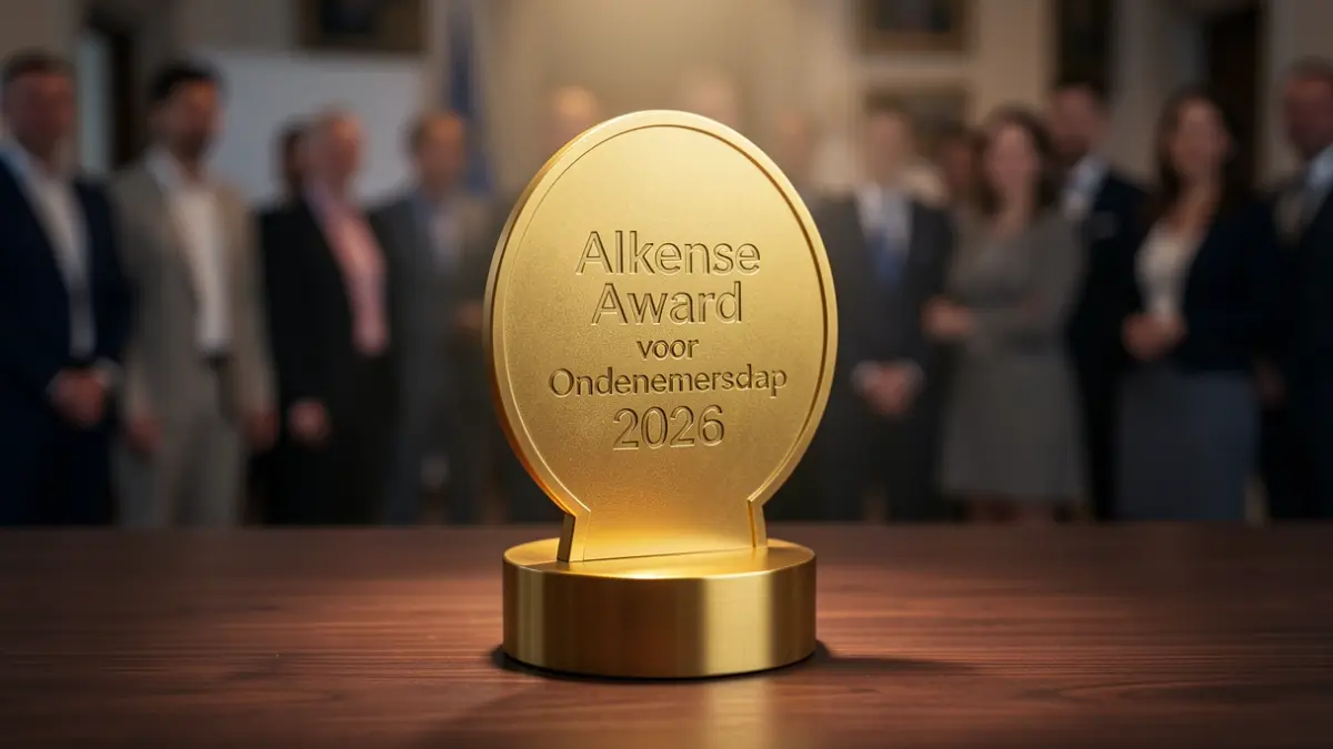 Generieke afbeelding van een gouden ondernemingsaward op een houten ondergrond, met zachte verlichting.