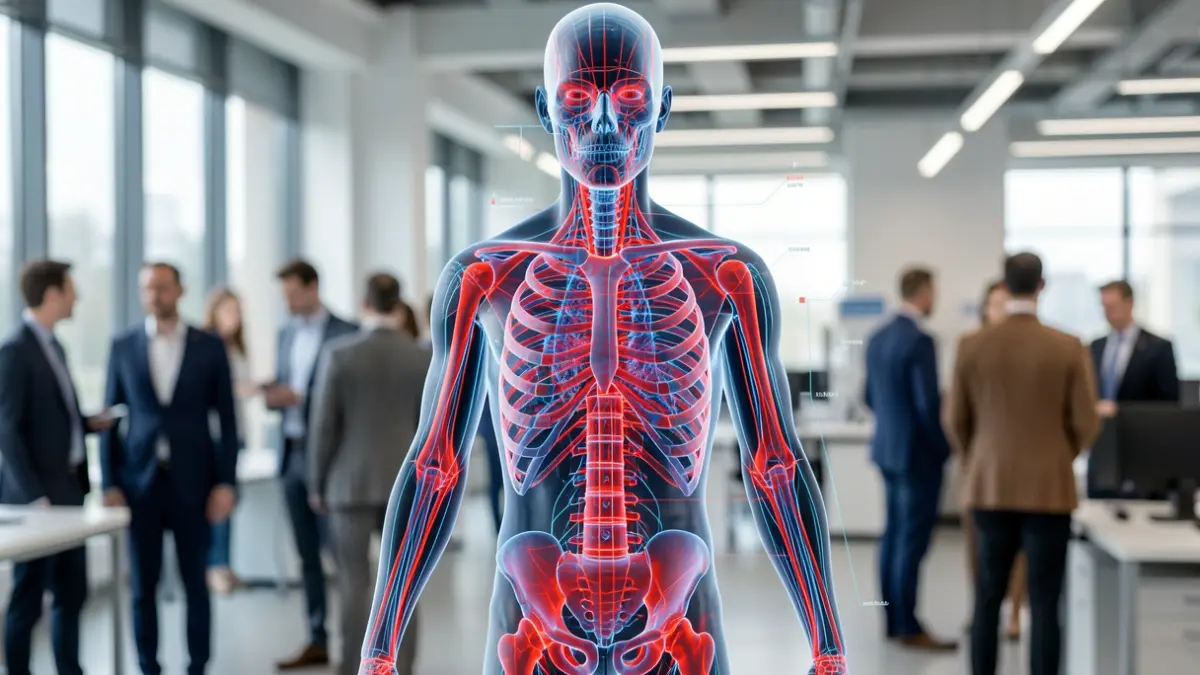 Abstracte weergave van een digitale tweeling met biomechanische krachten, in een laboratoriumomgeving.