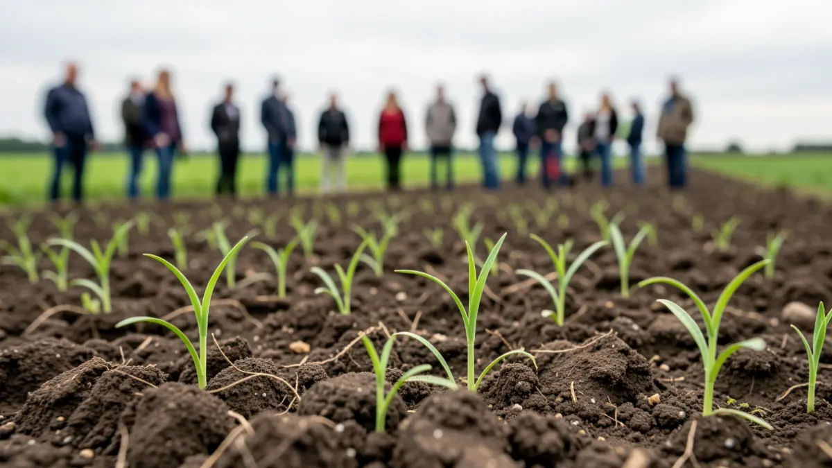 Generic image of fertile agricultural soil with young sprouts, blurred Flemish fields in the background under an overcast sky.