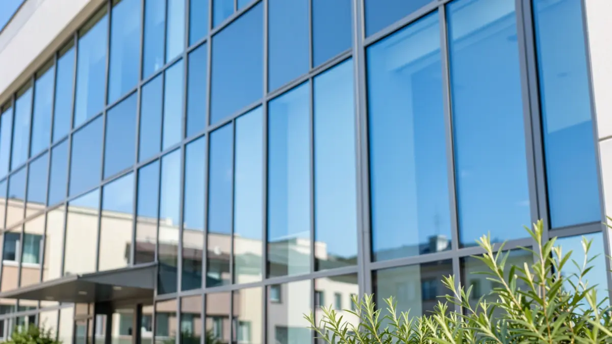 Generieke afbeelding van een modern kantoorgebouw met grote glaspartijen die de blauwe hemel reflecteren, met op de voorgrond enkele groene planten.