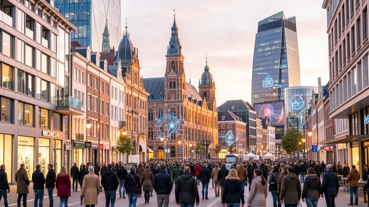 Futuristic cityscape of Mechelen with modern architecture and technological elements, celebrating the Flanders Technology & Innovation festival.