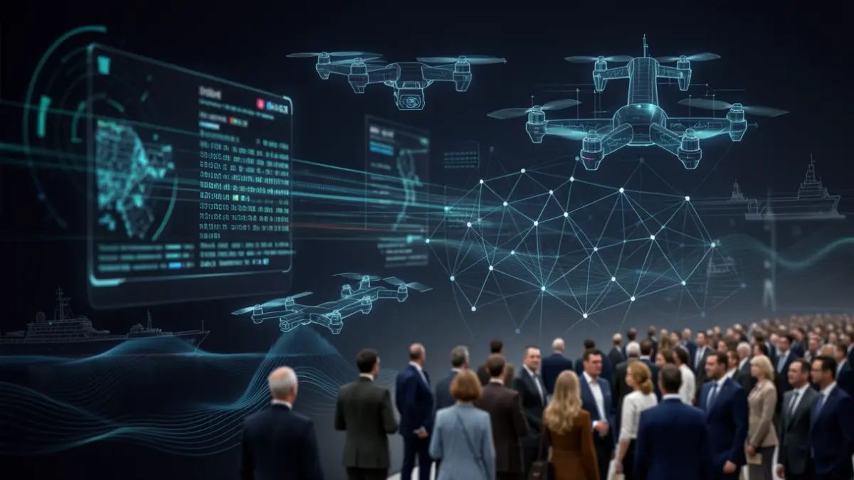 Generieke afbeelding van abstracte defensie-innovatie met elementen van AI, drones en cybersecurity.