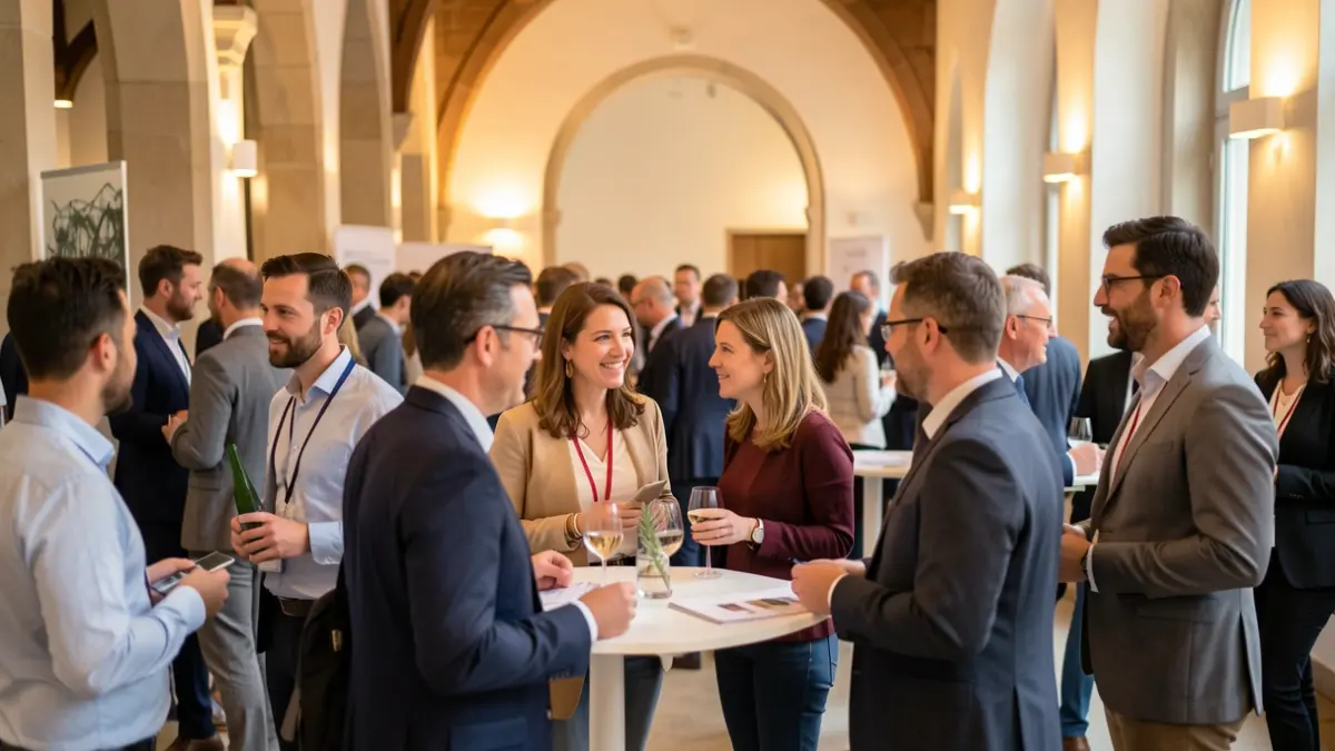 Generic image of a group of diverse entrepreneurs networking in a modern event space in Flanders, with subtle Belgian architectural elements in the background. Focus on interaction and exchange, warm lighting, shallow depth of field. No specific individuals or text visible.