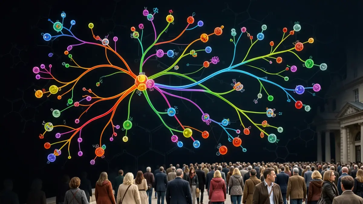 Generic image of immune cell development from stem cells, showing branching pathways and specialized cell types in vibrant colors.