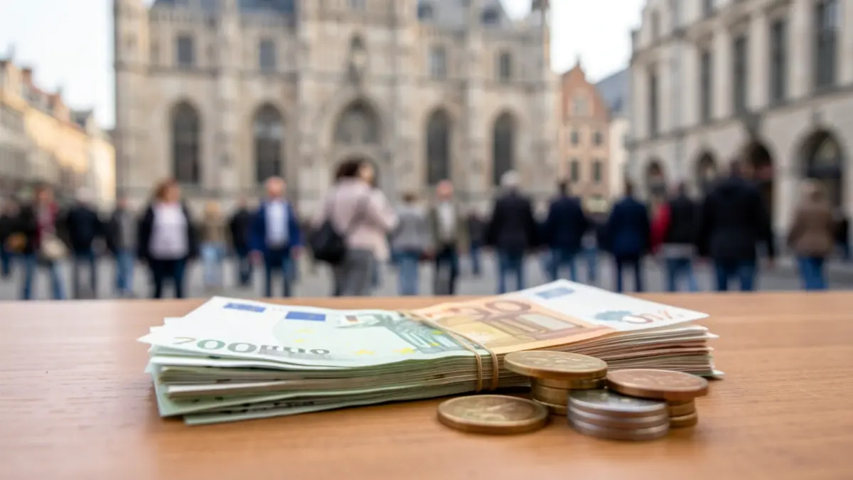 Generic image of a stack of euro banknotes and coins on a wooden desk, soft daylight, shallow depth of field.