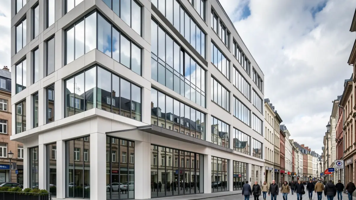 Generieke afbeelding van een modern kantoorgebouw in Brussel, België, met strakke lijnen en grote ramen die een bewolkte hemel weerspiegelen. Focus op architecturale details. Europese stedelijke omgeving. Geen mensen zichtbaar.