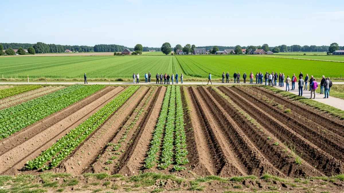 Een proefveld met vijf verschillende landbouwstrategieën, waaronder biologische teelt en minimale bodembewerking.