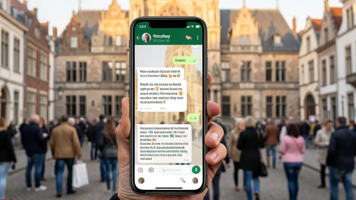 Smartphone screen showing a WhatsApp conversation about business news, with a Flemish town hall facade in the background under sunny weather.