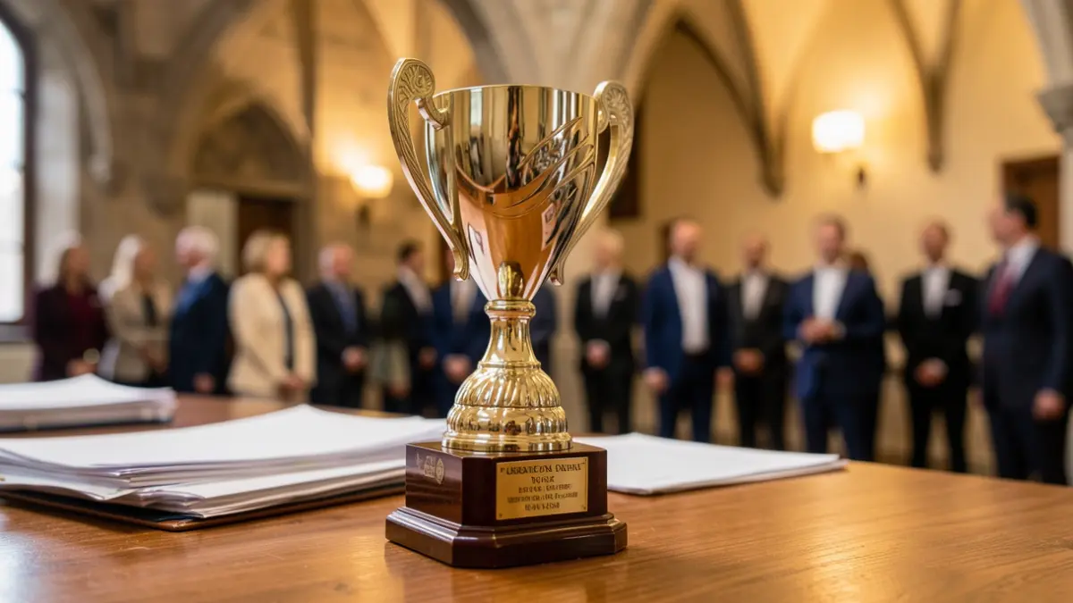 Generic image of a trophy on a desk with business documents in the background.