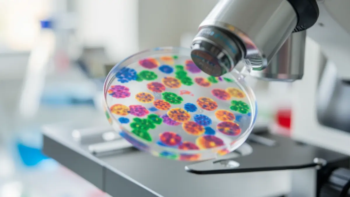 Generic image of a microscope slide with blurred cells and vibrant colors, representing biological research, with a hint of a laboratory setting in the background, soft focus, scientific illustration style.