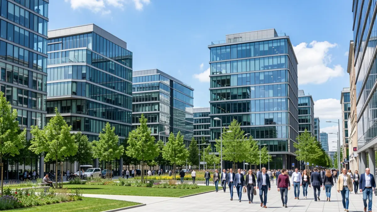 Generieke afbeelding van een modern bedrijventerrein met strakke kantoorgebouwen en groen, onder een heldere blauwe hemel.