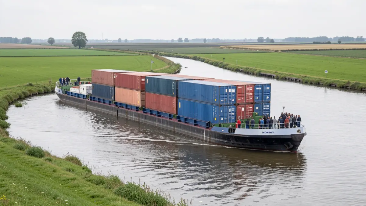 Een binnenschip met containers op een rivier in Vlaanderen.