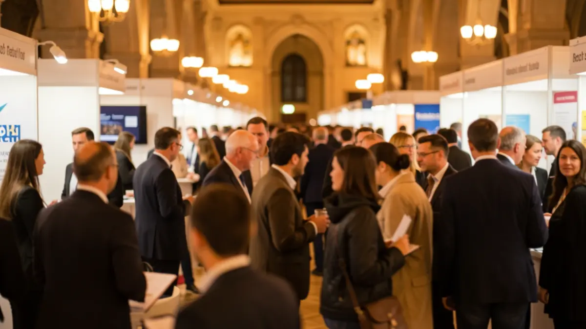 Generieke afbeelding van een jobbeurs met wazige deelnemers en bedrijfsstands op de achtergrond, warme verlichting, geringe scherptediepte. Focus op de sfeer van verbinding en kansen.